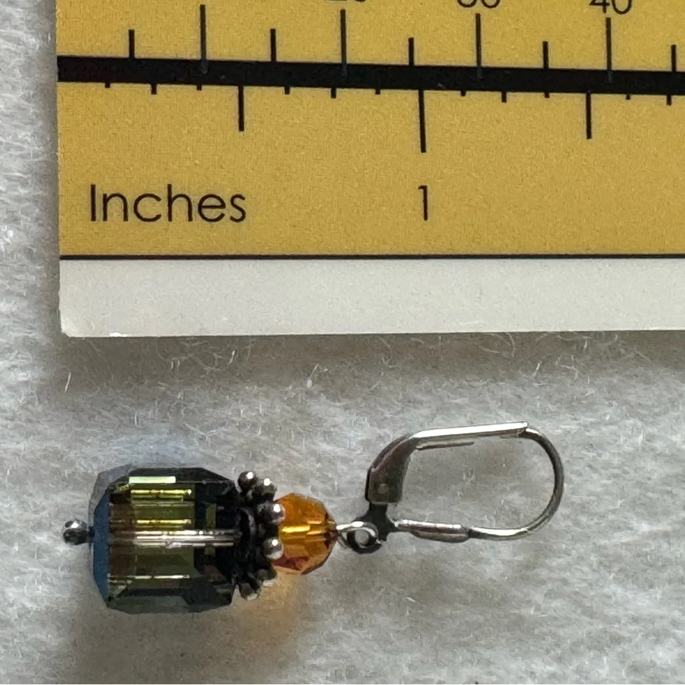 925 Sterling Silver Green Yellow Crystal Minimalist Cube Drop Earrings NEW